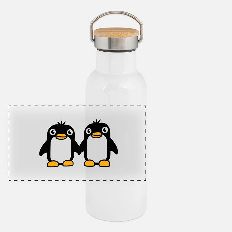 2 pingouins couple se tenant la main amoureux amis Gourde isotherme avec bouchon en bambou