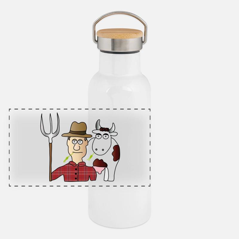 Peasant & Cow | Farmer | Cows Milking | pitchfork Panoramic Thermal Bottle with Bamboo Lid