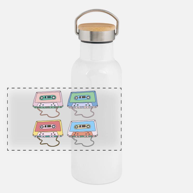 Cassette Compact Cassette Magnétique Bande rétro Gourde isotherme avec bouchon en bambou