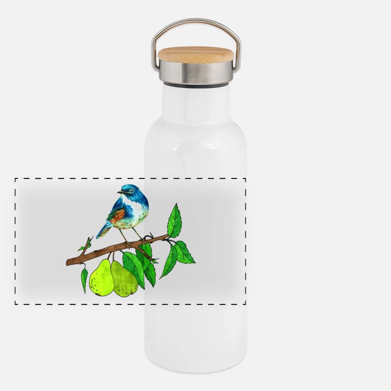 Blauer Vogel und Birne Panorama Thermosflasche mit Bambusdeckel