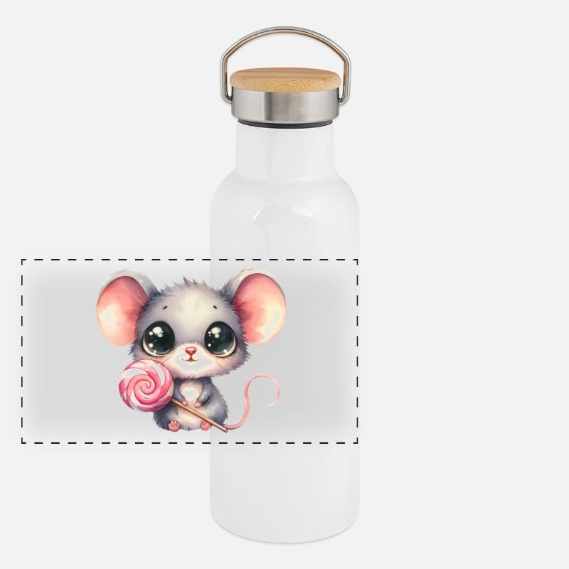 Kleines Mäuschen mit Lolli Panorama Thermosflasche mit Bambusdeckel