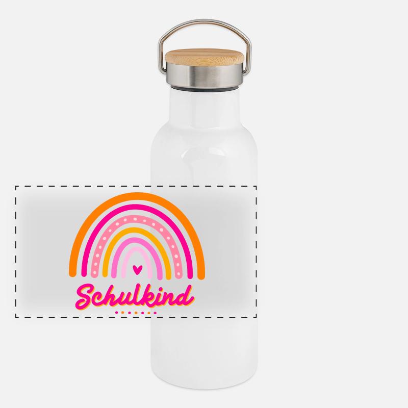 Schulkind Retro-Regenbogen Einschulung Mädchen Panorama Thermosflasche mit Bambusdeckel