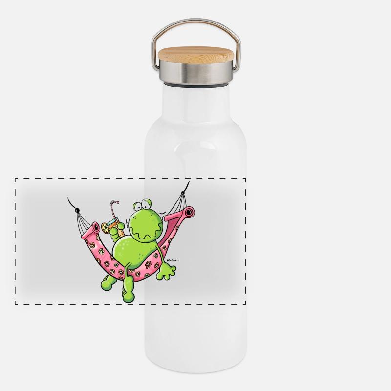 Frosch im Urlaub Panorama Thermosflasche mit Bambusdeckel