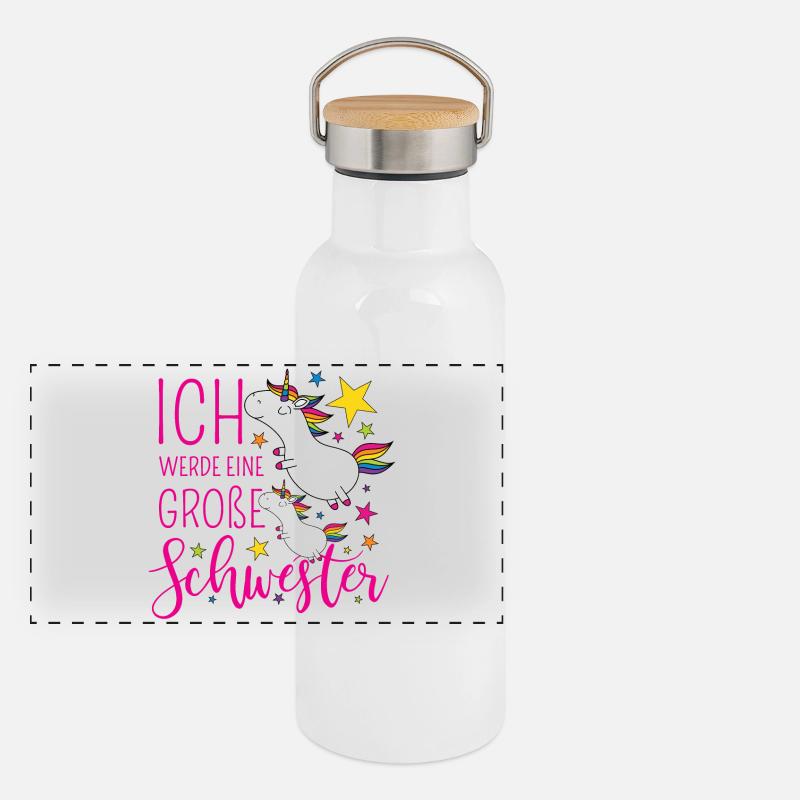 Große Schwester Einhorn Einhörner pink Sterne bunt Panorama Thermosflasche mit Bambusdeckel