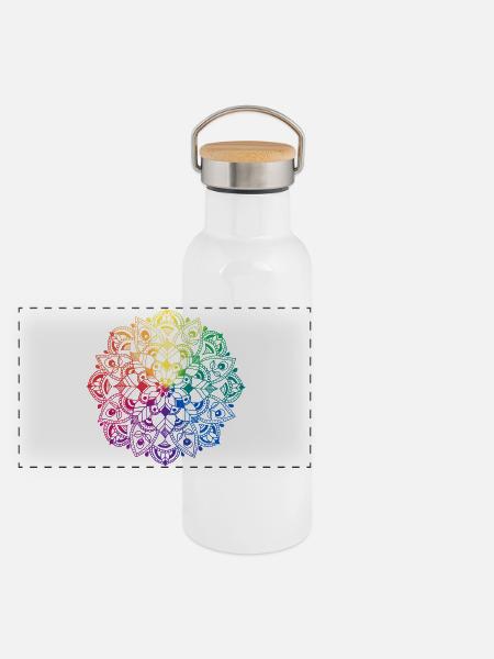 Flower Mandala - Panorama Thermosflasche mit Bambusdeckel - Weiß