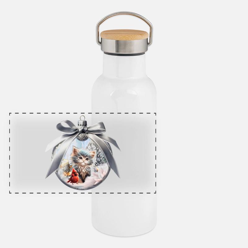 Little kitten with bird. Panoramic Thermal Bottle with Bamboo Lid