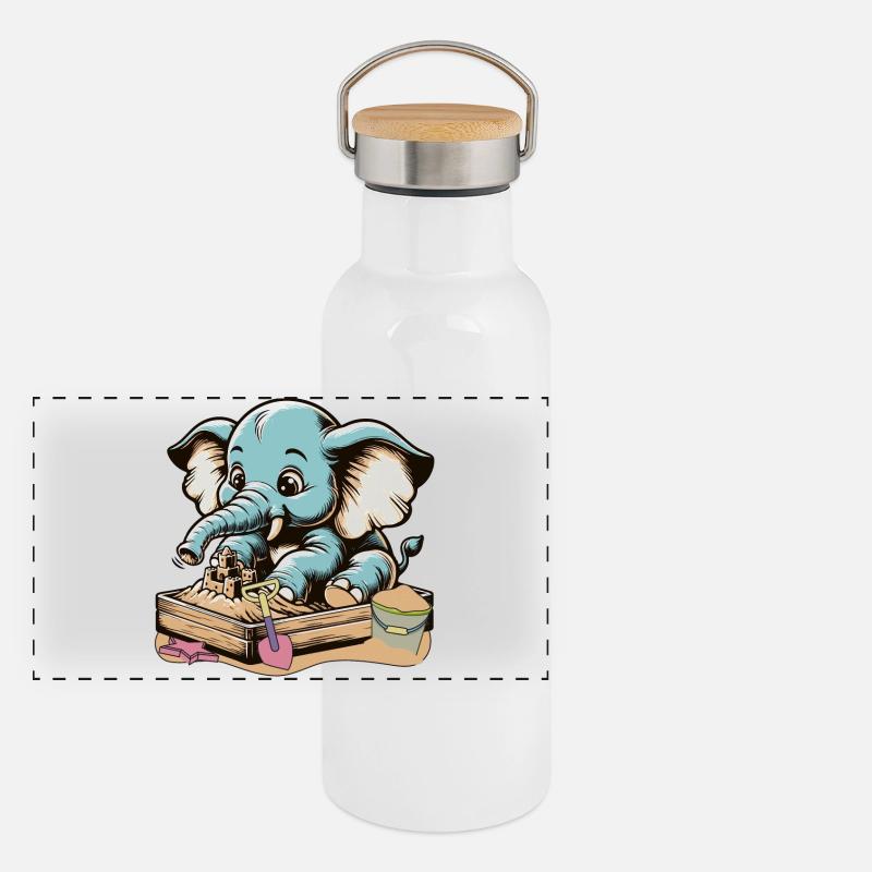 Mignon éléphant de dessin animé bleu dans le bac à sable Gourde isotherme avec bouchon en bambou