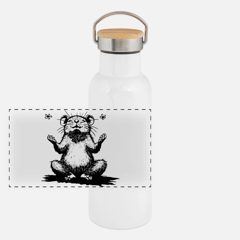 Zenhamster im Sitzen Schwarzweiß - Panorama Thermosflasche mit Bambusdeckel - Weiß