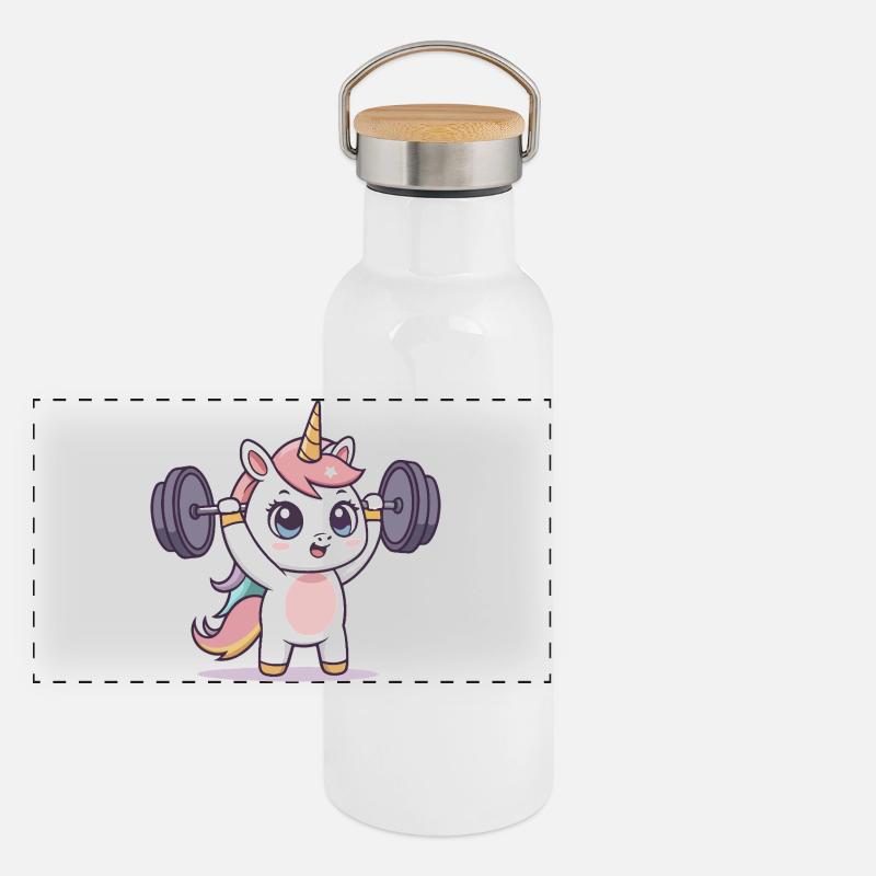 Einhorn-Athlet im Training Panorama Thermosflasche mit Bambusdeckel