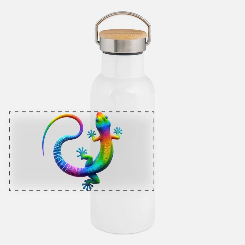 Regenbogen Gecko Panorama Thermosflasche mit Bambusdeckel