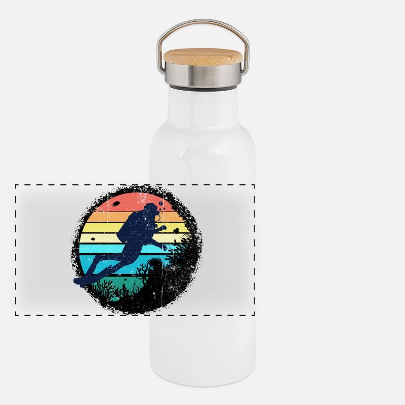 Underwater Diver Silhouette with Rainbow Sunset Panoramic Thermal Bottle with Bamboo Lid