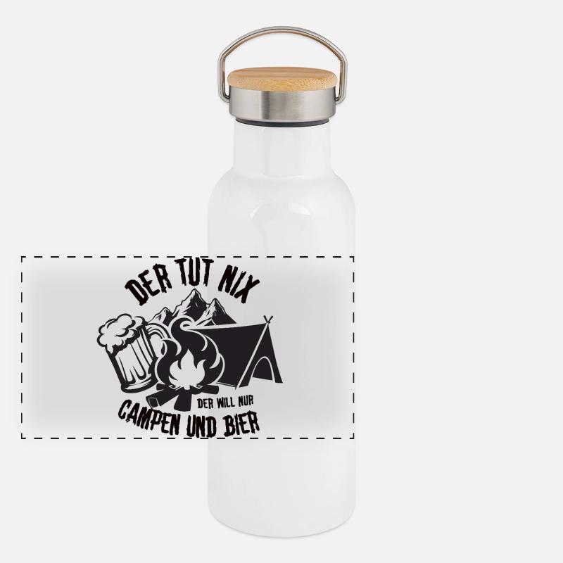 Abenteuer Camping mit Bier und Lagerfeuer Panorama Thermosflasche mit Bambusdeckel