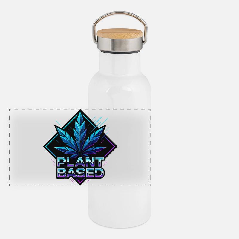 Plant Based Neon – futuristic hemp leaf - Panoramic Thermal Bottle with Bamboo Lid - white