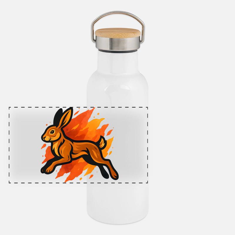 Feuriger Hase im Flammensprint - Panorama Thermosflasche mit Bambusdeckel - Weiß