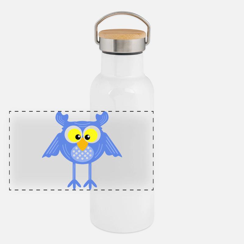 Blaue Eule mit Punkten Panorama Thermosflasche mit Bambusdeckel