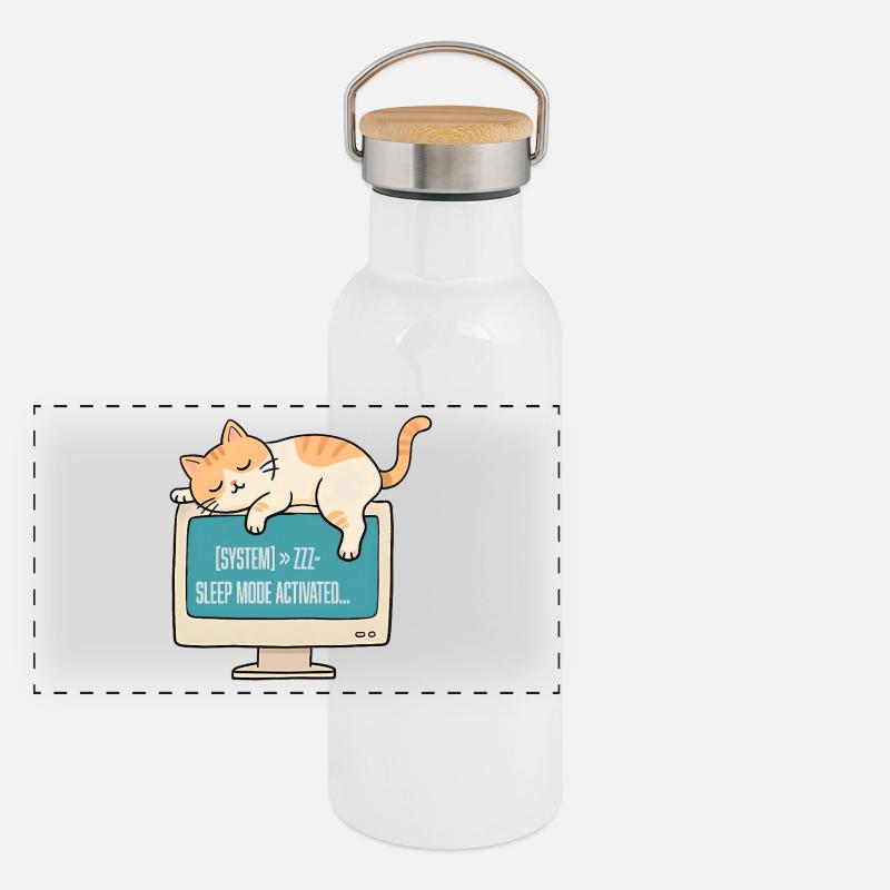 Chat geek en veille système Gourde isotherme avec bouchon en bambou