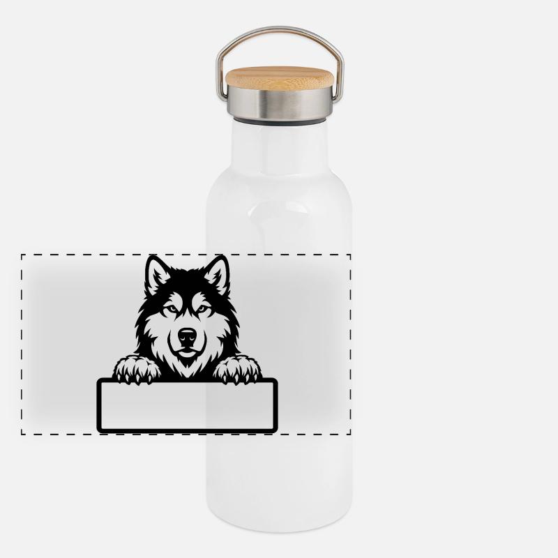 Badge de nom Malamute d’Alaska noir et blanc Gourde isotherme avec bouchon en bambou