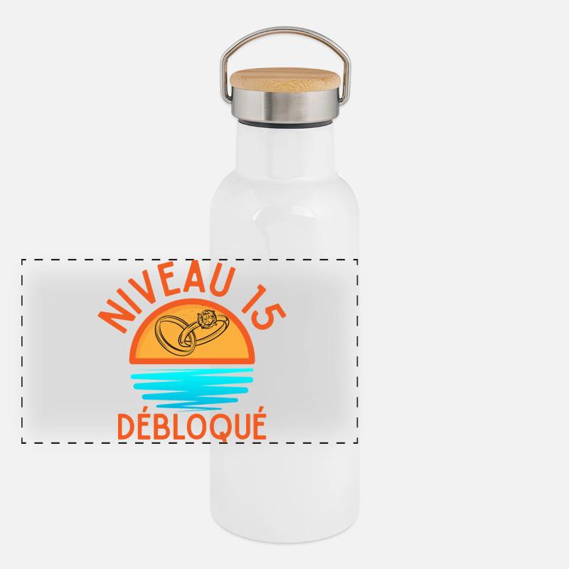 Level 15 freigeschaltet – 15 Jahre Ehe Panorama Thermosflasche mit Bambusdeckel