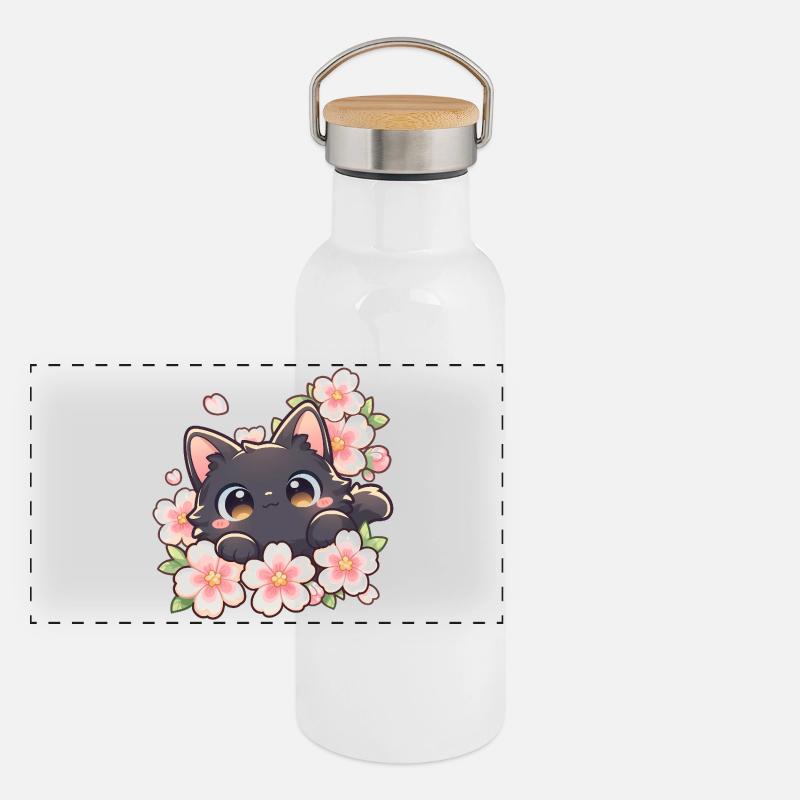 Cute Black Cat & Cherry Blossoms – Kawaii Sakura Panoramic Thermal Bottle with Bamboo Lid