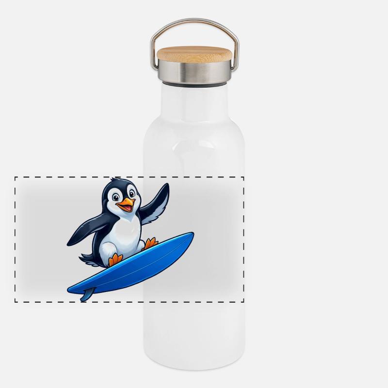 Mignon Pingouin Surfeur Surfant Eau d’Été Gourde isotherme avec bouchon en bambou