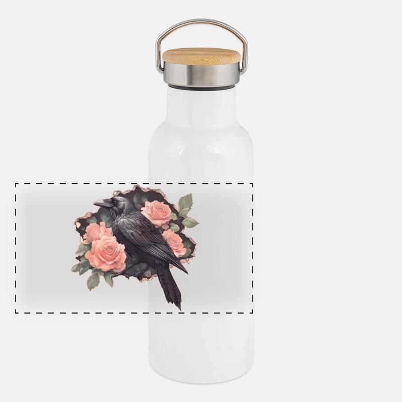 Rabe mit Rosen Panorama Thermosflasche mit Bambusdeckel