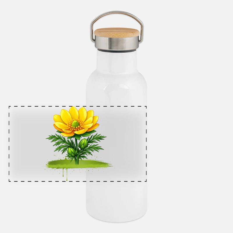 Conception de coups de pinceau nature à la fleur jaune Gourde isotherme avec bouchon en bambou