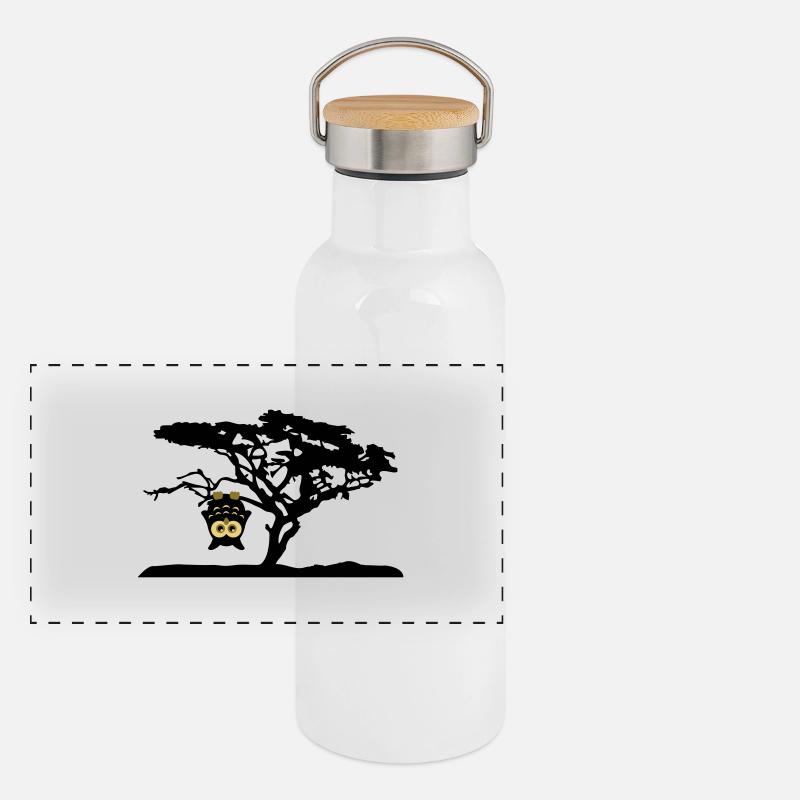 Eule Kopfüber Baum Hängen Different Panorama Thermosflasche mit Bambusdeckel