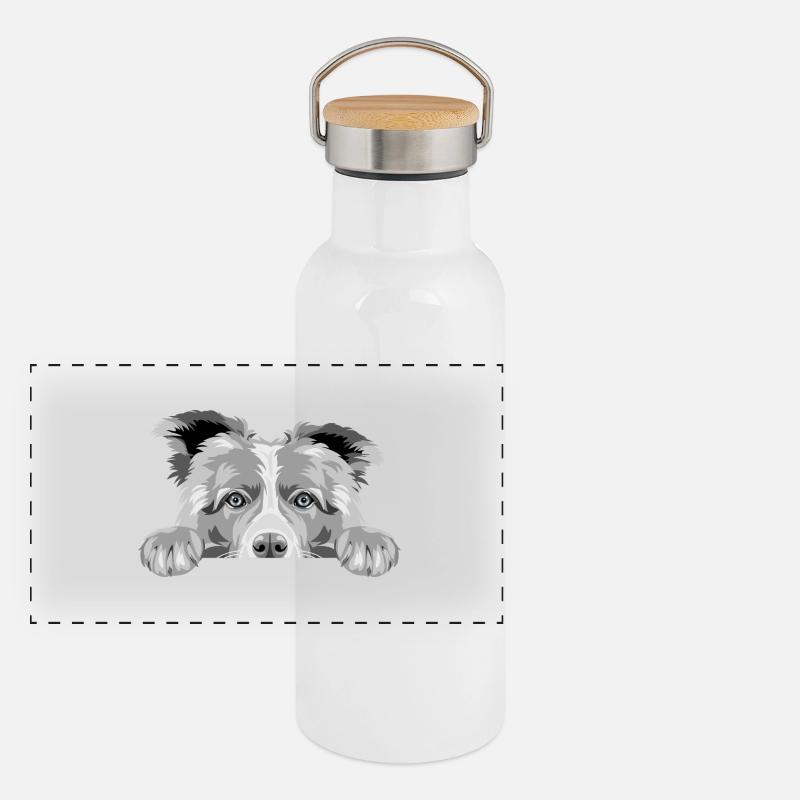 Peeking triste Border Collie chien couleur grise Gourde isotherme avec bouchon en bambou