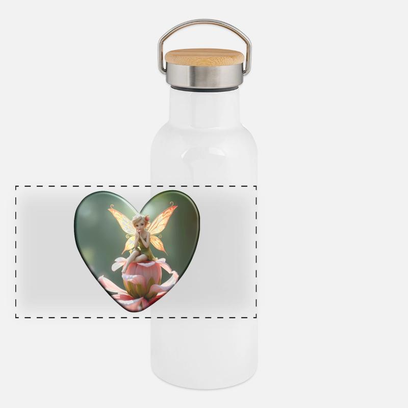 Fée lumineuse sur fleur – Motif de coeur de conte de fées Gourde isotherme avec bouchon en bambou
