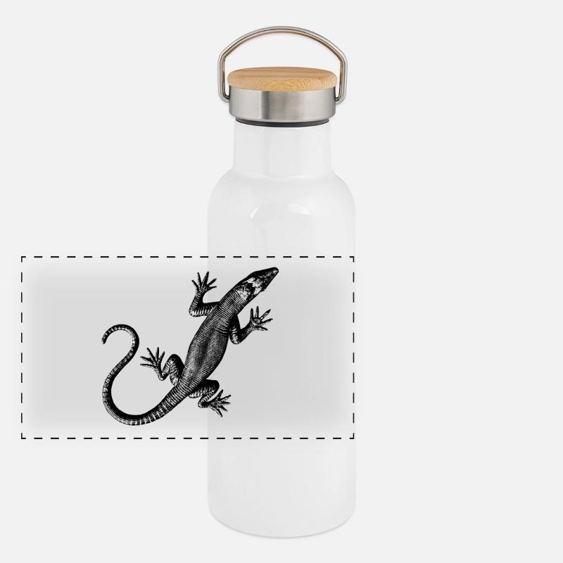 Grafik einer Eidechse Panorama Thermosflasche mit Bambusdeckel
