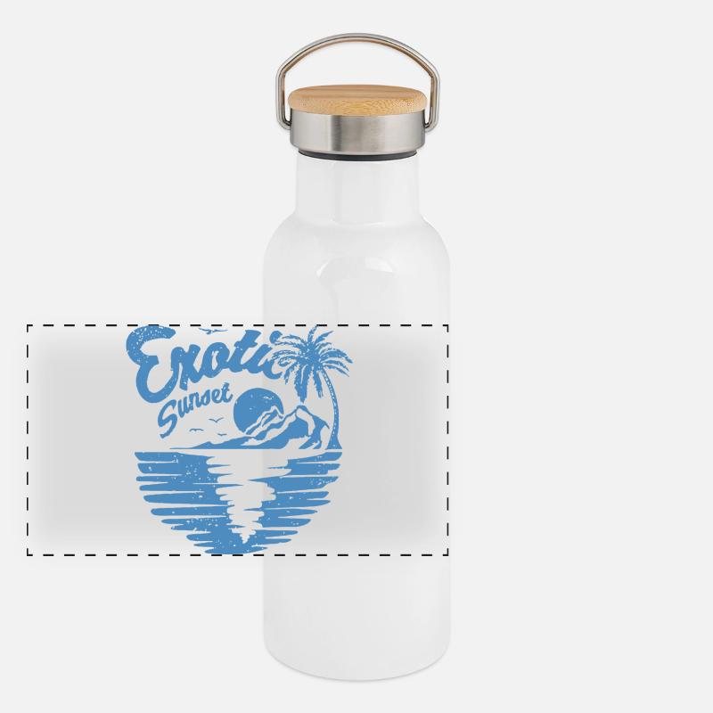 Exotic Sunset Palm Design Panoramic Thermal Bottle with Bamboo Lid