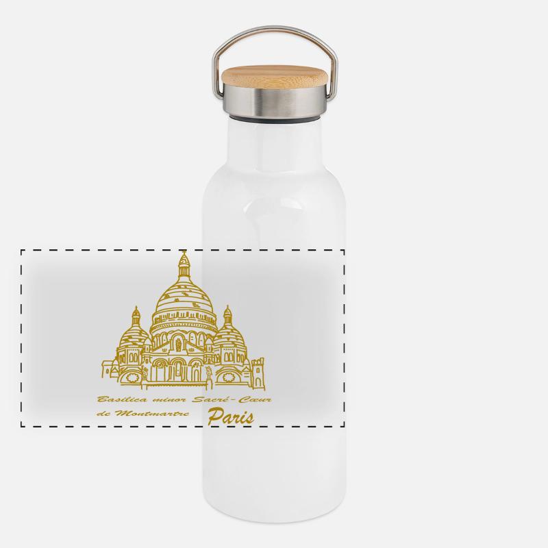 Horizon du Sacré-Cœur de Paris, dessin à la main Gourde isotherme avec bouchon en bambou