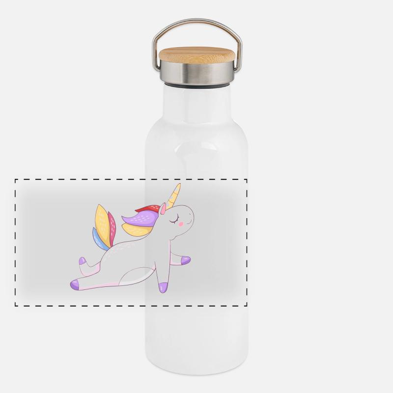 Buntes Einhorn sitzend, Pastellmuster Panorama Thermosflasche mit Bambusdeckel