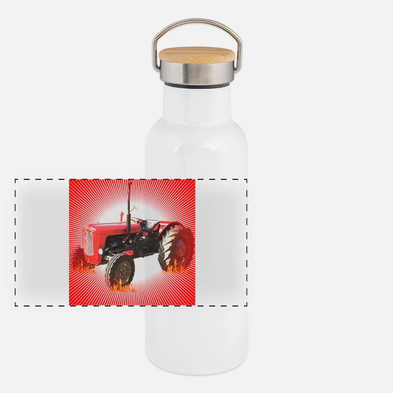 Feuerroter Traktor im Inferno Panorama Thermosflasche mit Bambusdeckel