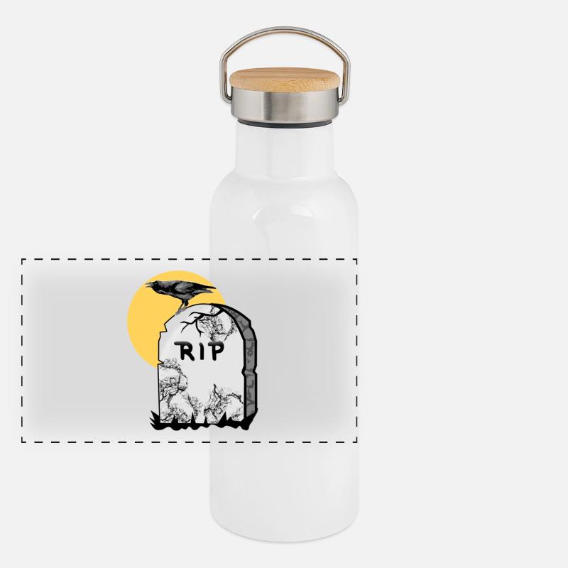 Grabstein mit Krähe Panorama Thermosflasche mit Bambusdeckel