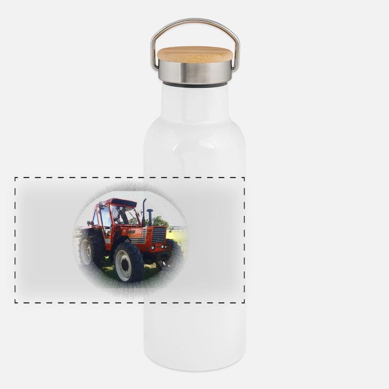 Roter Traktor Feldlandschaft Panorama Thermosflasche mit Bambusdeckel