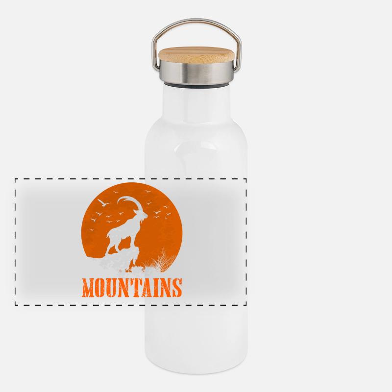 Steinbock am Sonnenkreis Panorama Thermosflasche mit Bambusdeckel