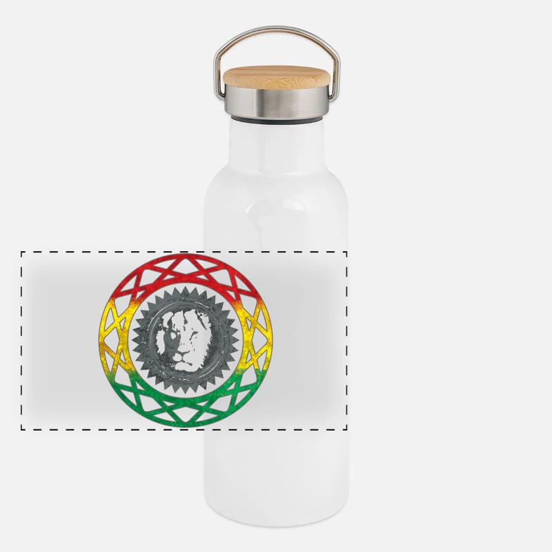 Löwengesicht im Rasta-Mandala-Stil Panorama Thermosflasche mit Bambusdeckel