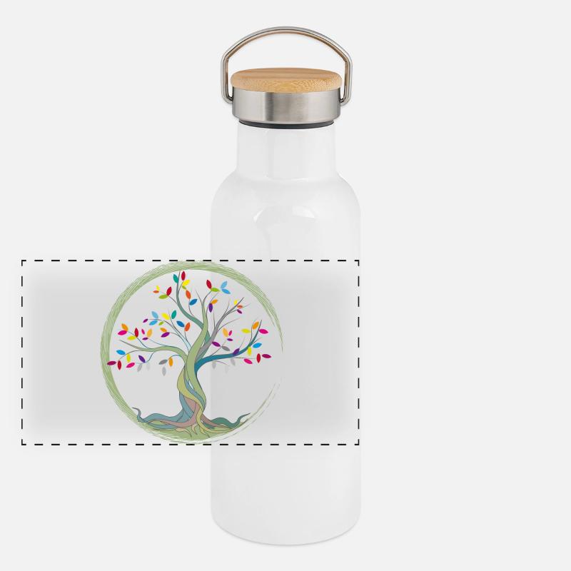 kleiner Baum mit bunten Blättern im Kreis Panorama Thermosflasche mit Bambusdeckel