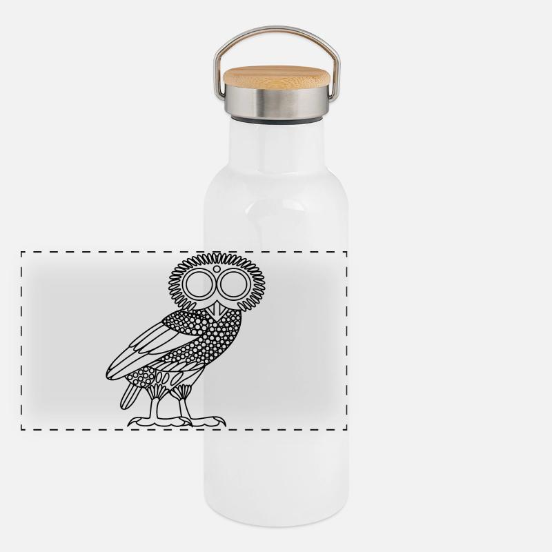 Chouette d'Athéna [Contour noir (chouette uniquement)] Gourde isotherme avec bouchon en bambou