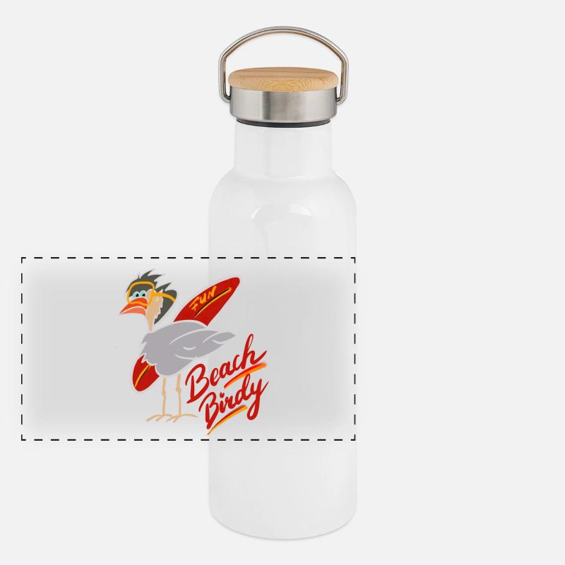 Lustiger Strandstorch mit Surfbrett Panorama Thermosflasche mit Bambusdeckel