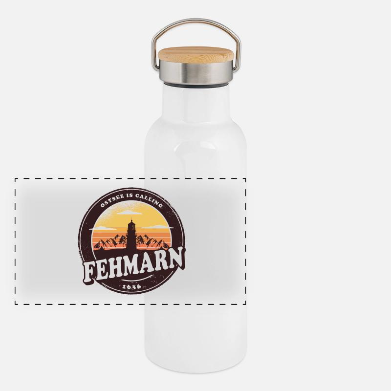 Fehmarn Vintage Leuchtturm Design Panorama Thermosflasche mit Bambusdeckel