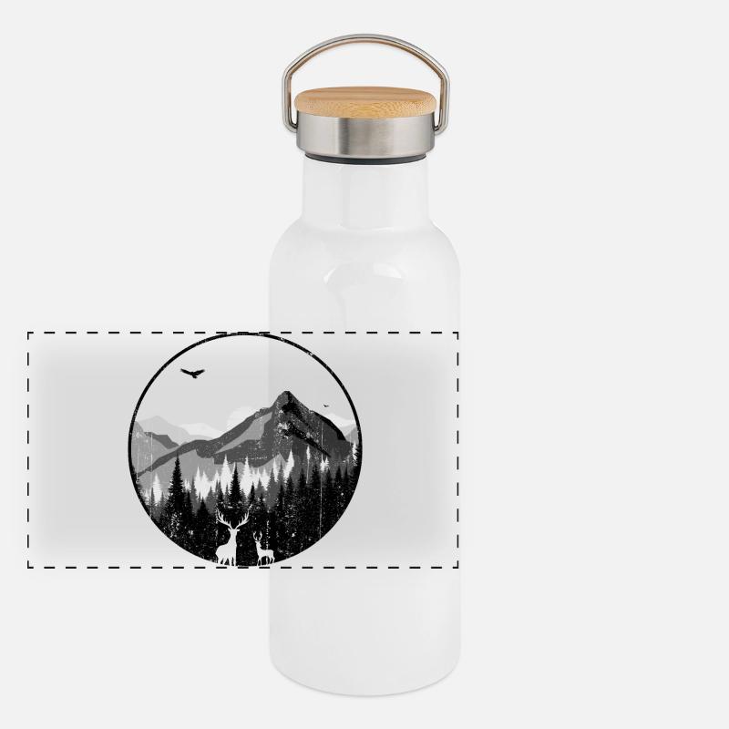 Silhouetten der Mountain Dawn Deer Panorama Thermosflasche mit Bambusdeckel