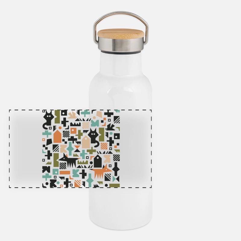 Katze Fuchs Vogelmuster l mehrfarbig Panorama Thermosflasche mit Bambusdeckel