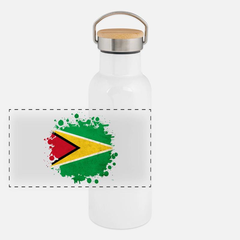 Guyana Flagge Klecks Panorama Thermosflasche mit Bambusdeckel