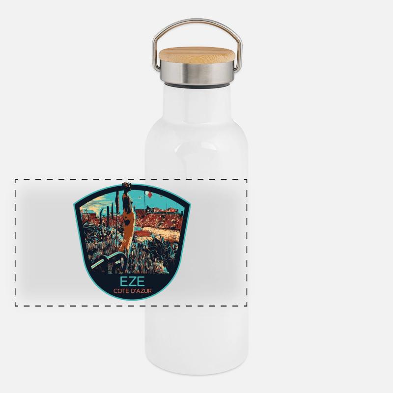 Originalillustration Dorf Èze, Côte d'Azur Panorama Thermosflasche mit Bambusdeckel