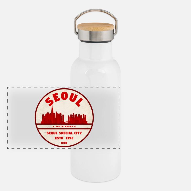 Seoul Skyline Vintage Emblem Panorama Thermosflasche mit Bambusdeckel