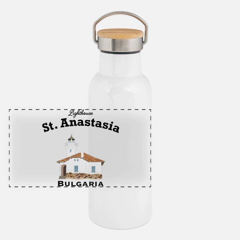 Bulgaria Lighthouse Monastery Island Sveta Anastasia Panoramic Thermal Bottle with Bamboo Lid