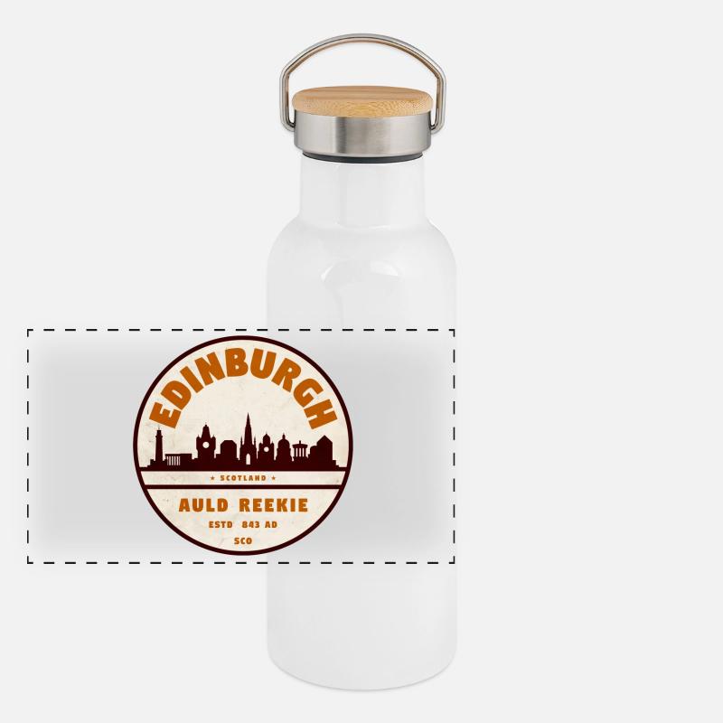 Edinburgh Skyline Retro Abzeichen Panorama Thermosflasche mit Bambusdeckel