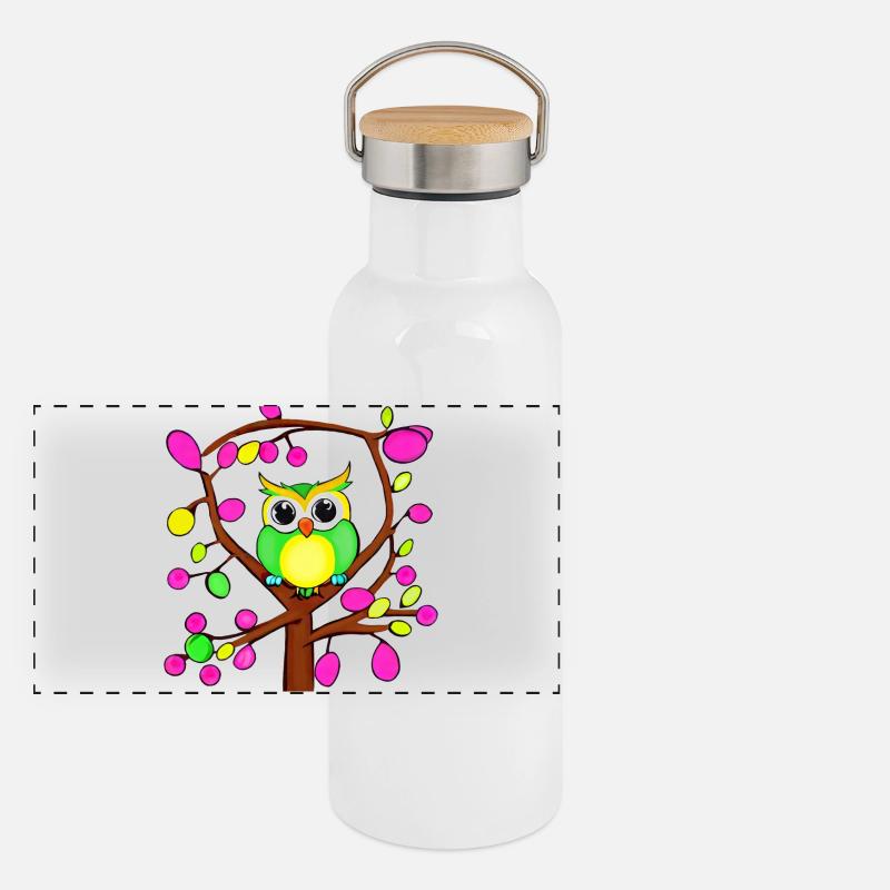 Glückliche Eule in einem bunten Baum Panorama Thermosflasche mit Bambusdeckel